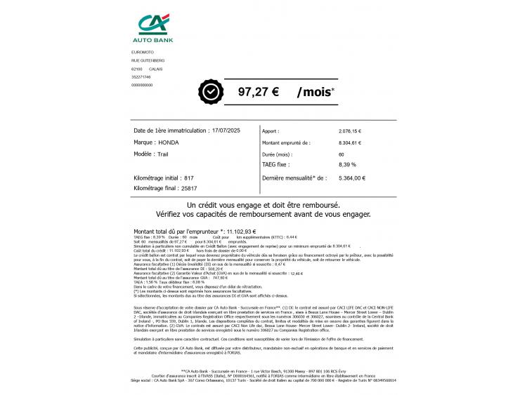 HONDA XL750 TRANSALP (98€ / mois*)